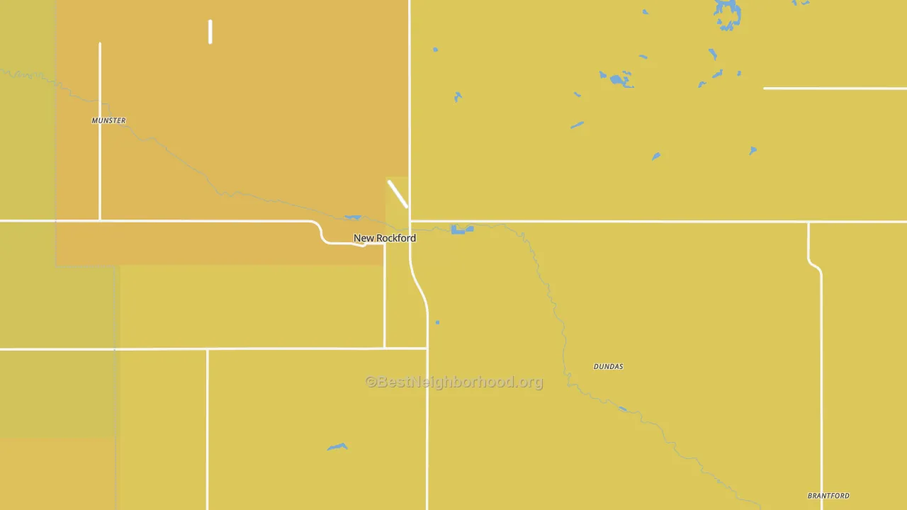 Map of the best neighborhoods in the New Rockford area, with better matches in green and worse matches in red