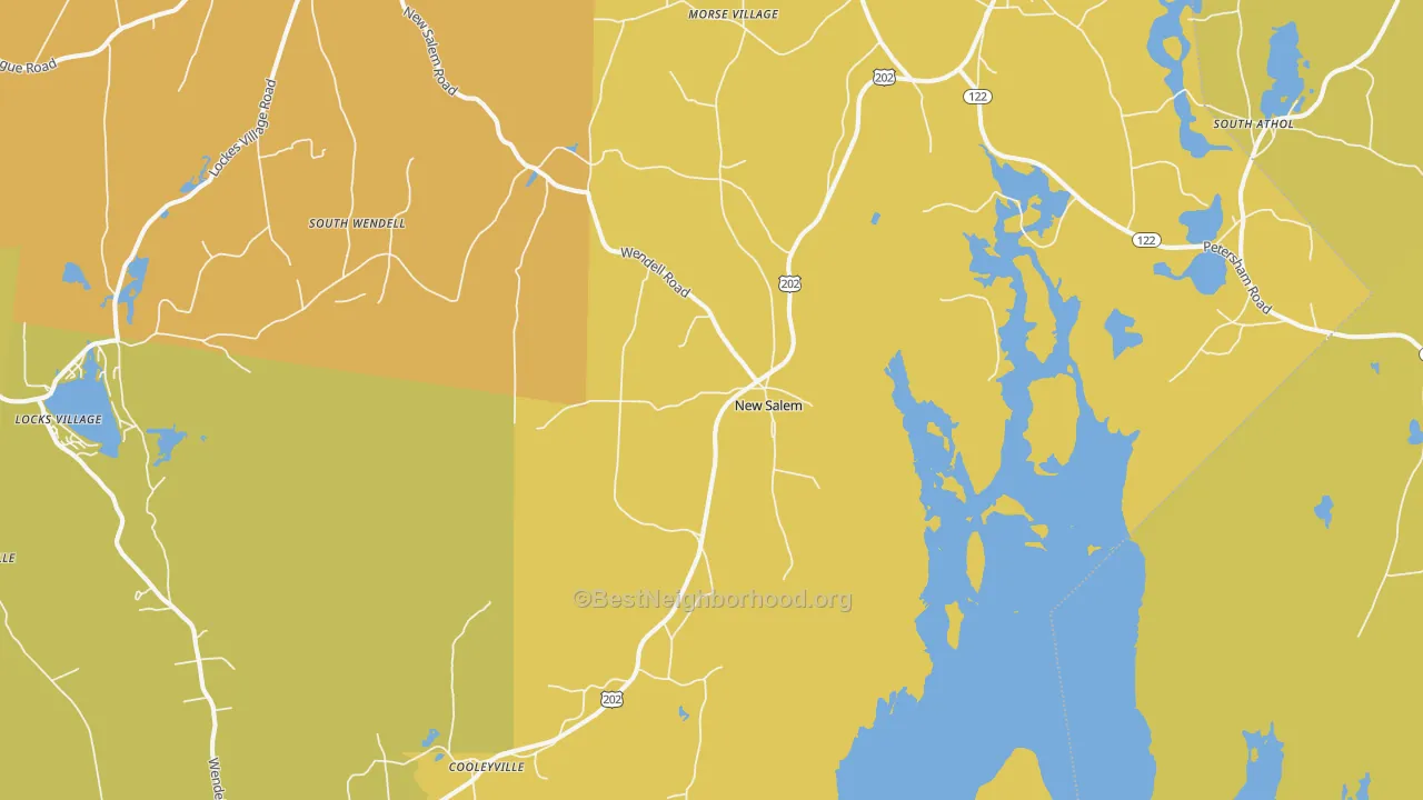 Map of the best neighborhoods in the New Salem area, with better matches in green and worse matches in red