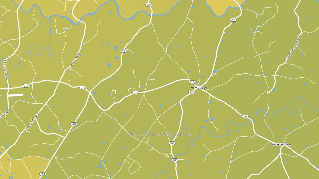 Map of the best neighborhoods in the New Salem area, with better matches in green and worse matches in red