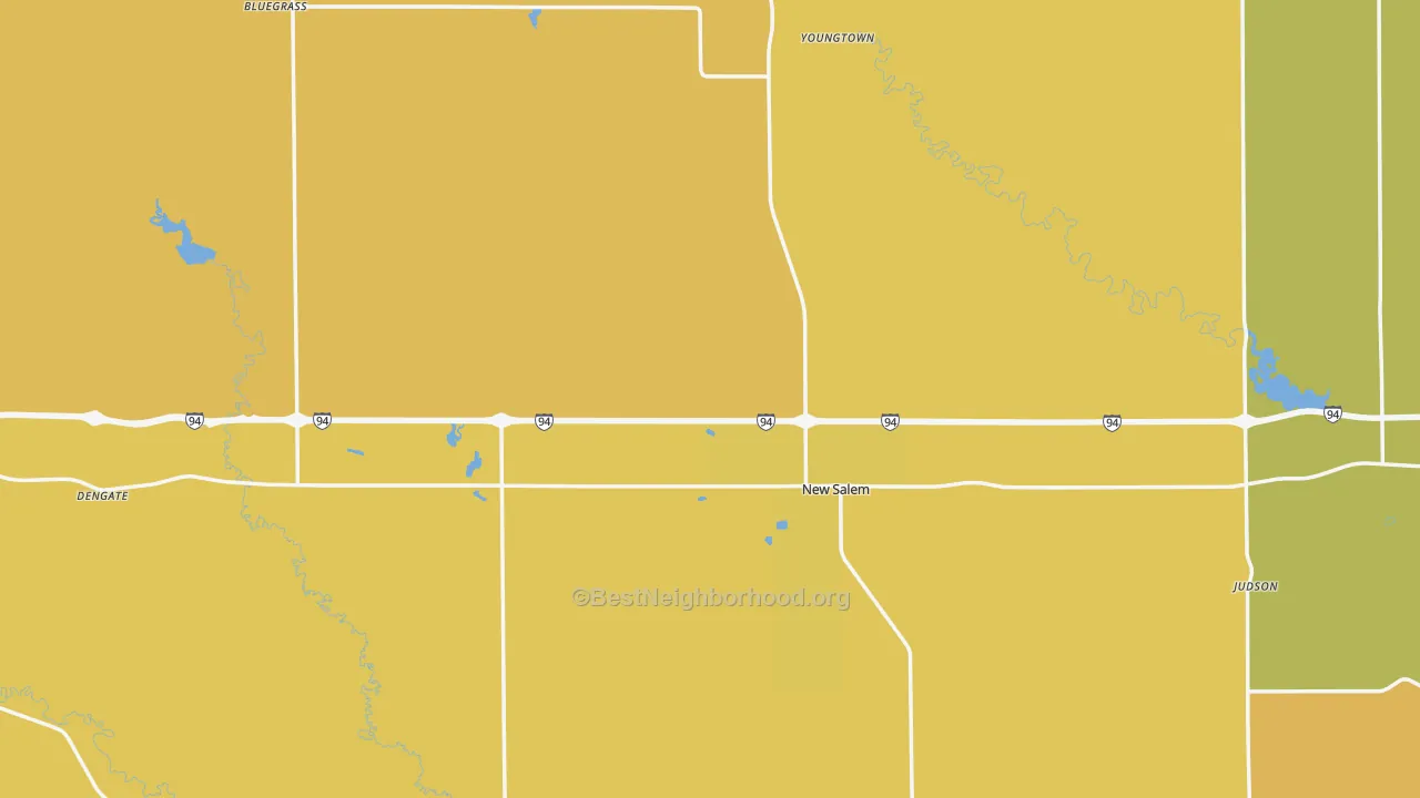 Map of the best neighborhoods in the New Salem area, with better matches in green and worse matches in red