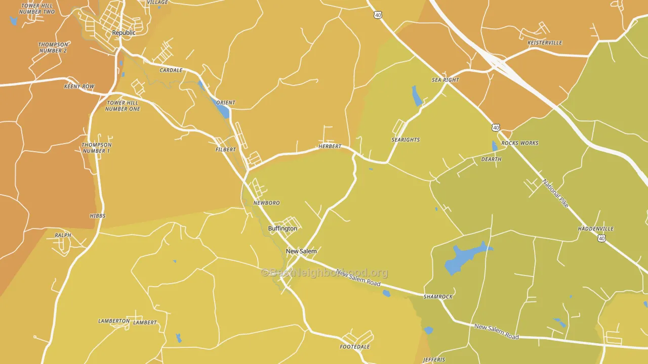 Map of the best neighborhoods in the New Salem area, with better matches in green and worse matches in red