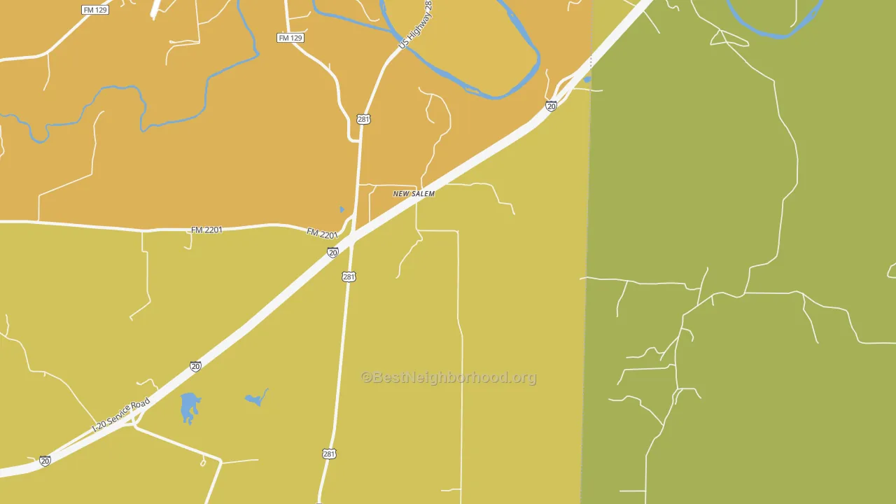Map of the best neighborhoods in the New Salem area, with better matches in green and worse matches in red