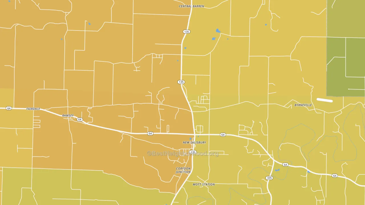 Map of the best neighborhoods in the New Salisbury area, with better matches in green and worse matches in red
