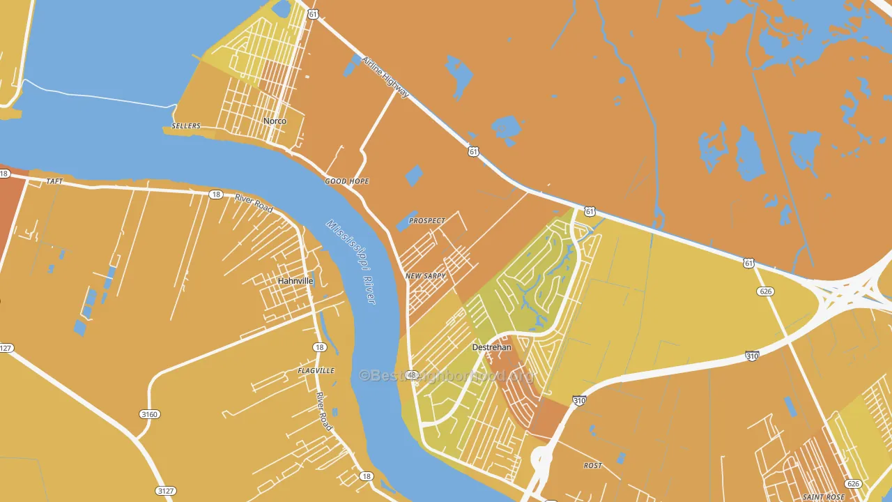 Map of the best neighborhoods in the New Sarpy area, with better matches in green and worse matches in red