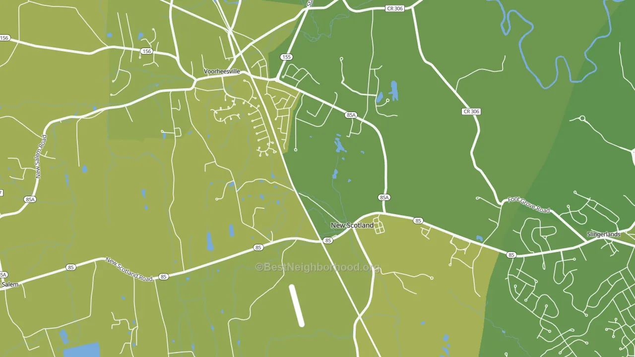 Map of the best neighborhoods in the New Scotland area, with better matches in green and worse matches in red