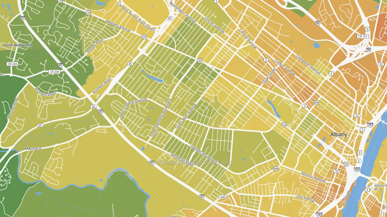 Map of the best neighborhoods in the New Scotland-Woodlawn, Albany area, with better matches in green and worse matches in red