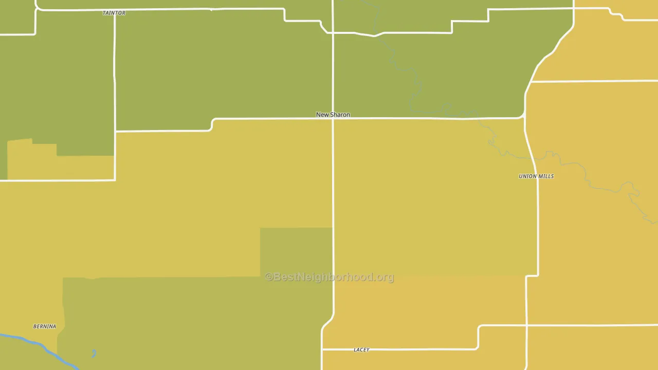 Map of the best neighborhoods in the New Sharon area, with better matches in green and worse matches in red