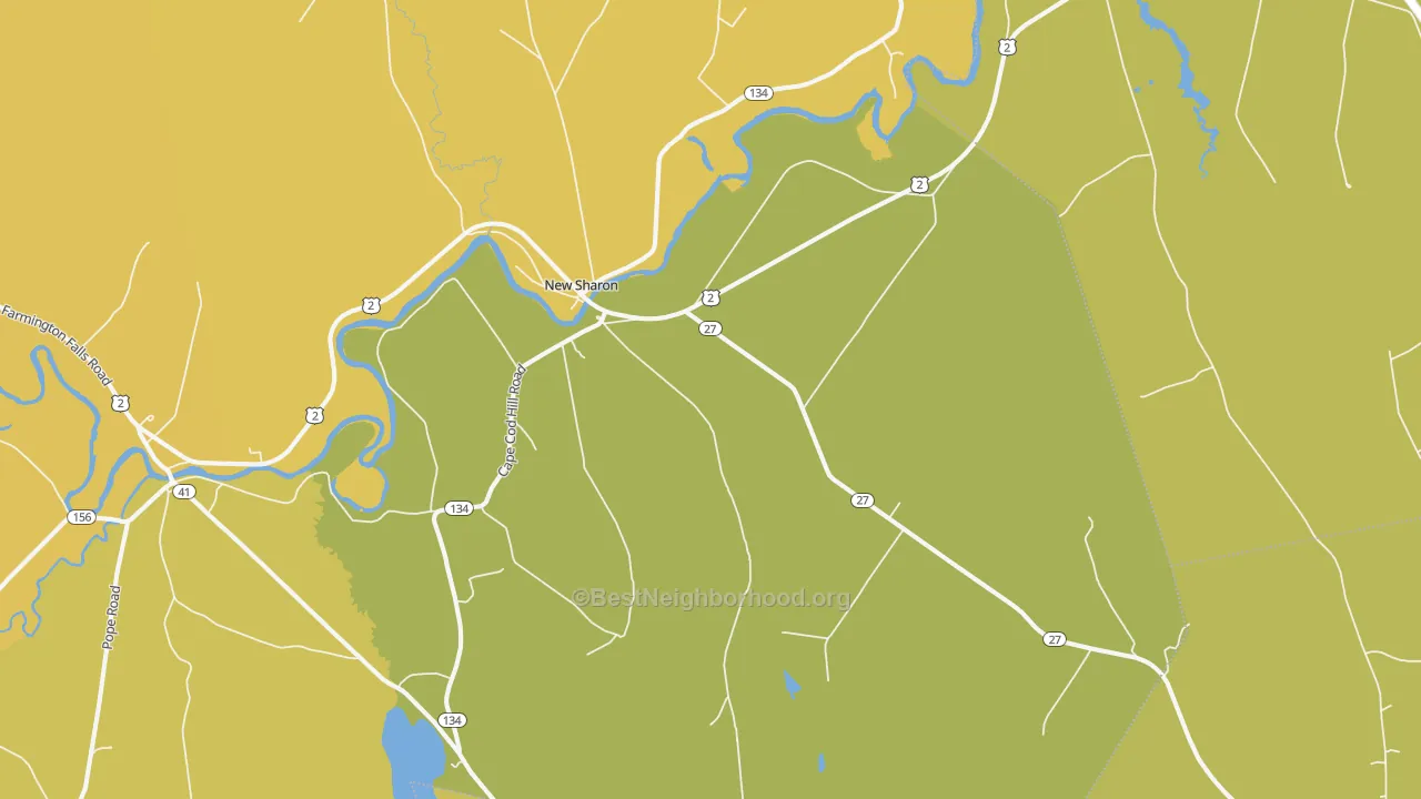 Map of the best neighborhoods in the New Sharon area, with better matches in green and worse matches in red
