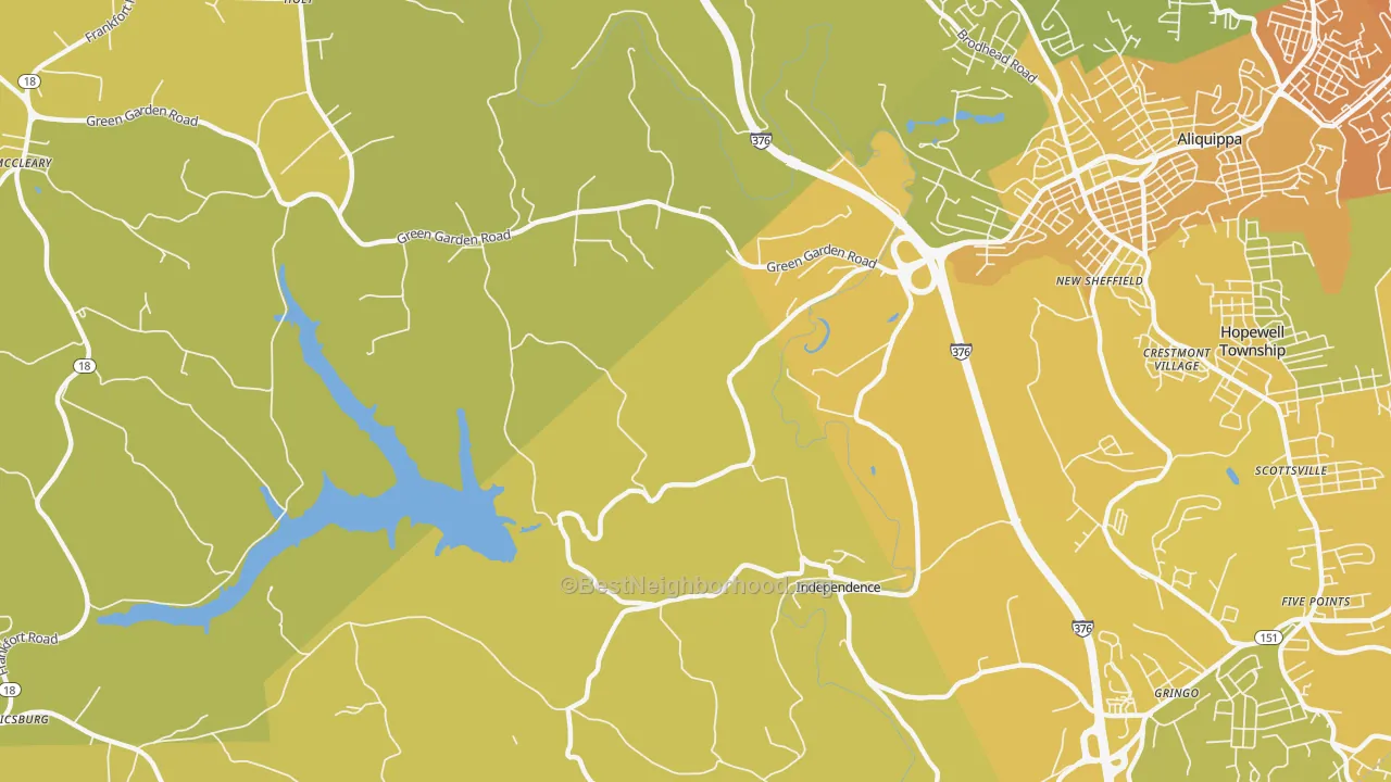 Map of the best neighborhoods in the New Sheffield area, with better matches in green and worse matches in red