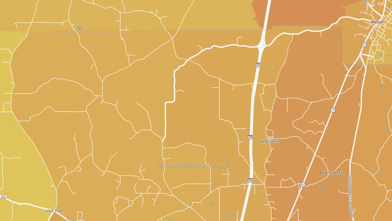 Map of the best neighborhoods in the New Sight area, with better matches in green and worse matches in red