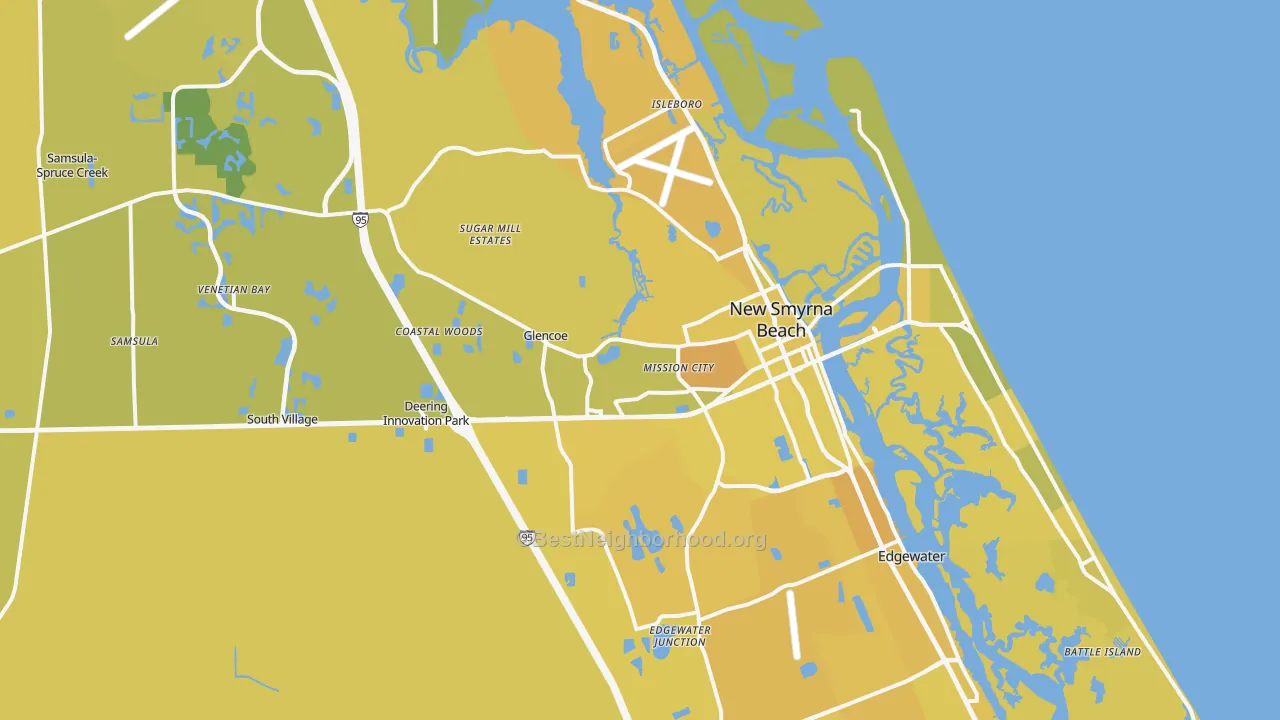 Map of the best neighborhoods in the New Smyrna Beach area, with better matches in green and worse matches in red