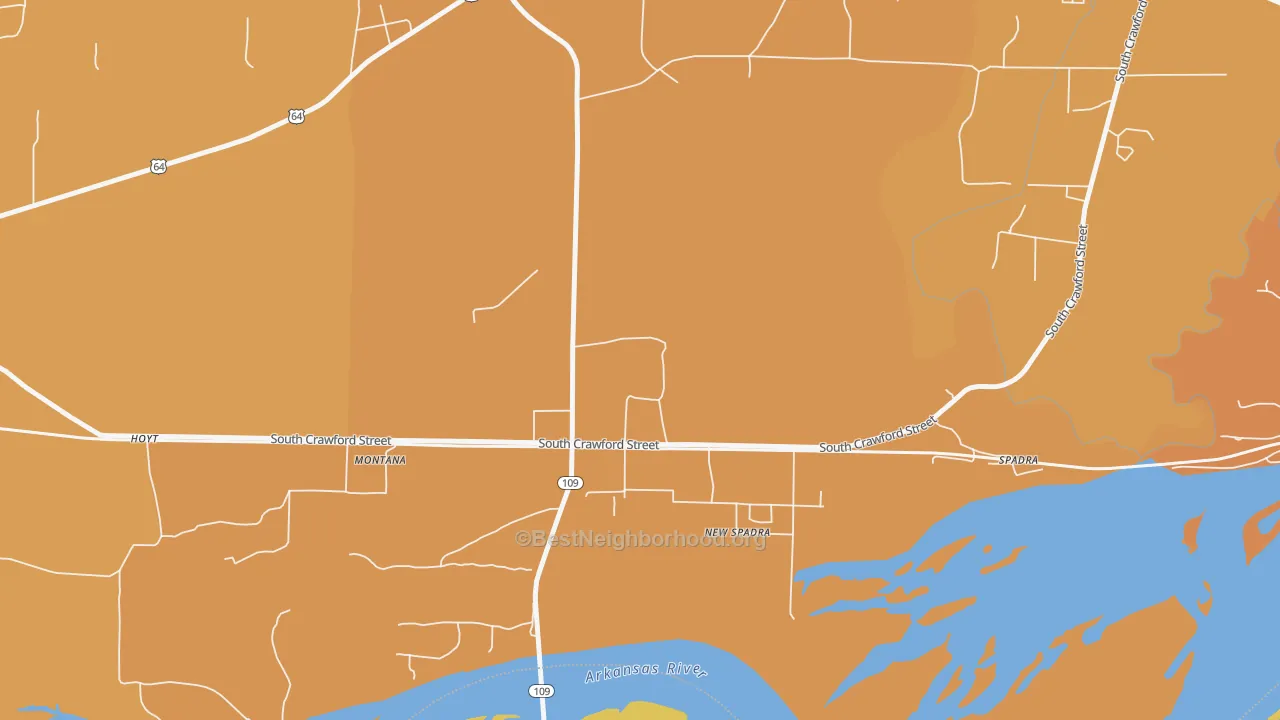 Map of the best neighborhoods in the New Spadra area, with better matches in green and worse matches in red