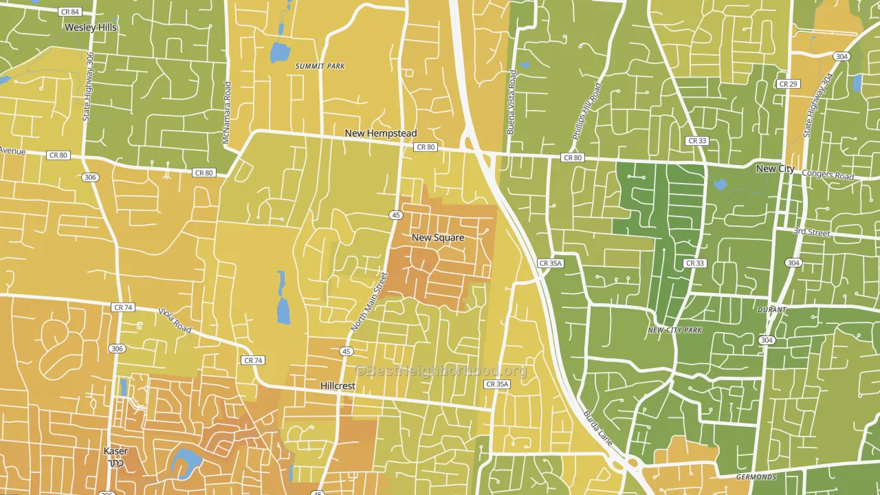 Map of the best neighborhoods in the New Square area, with better matches in green and worse matches in red