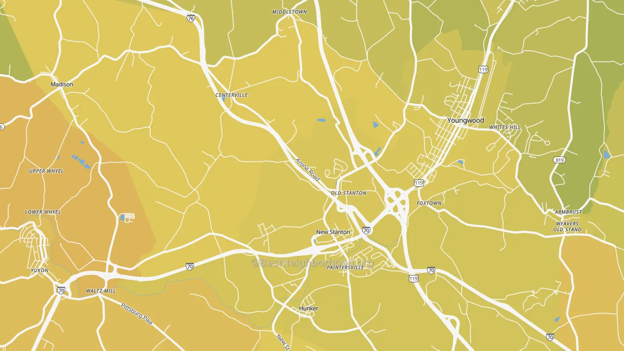 Map of the best neighborhoods in the New Stanton area, with better matches in green and worse matches in red