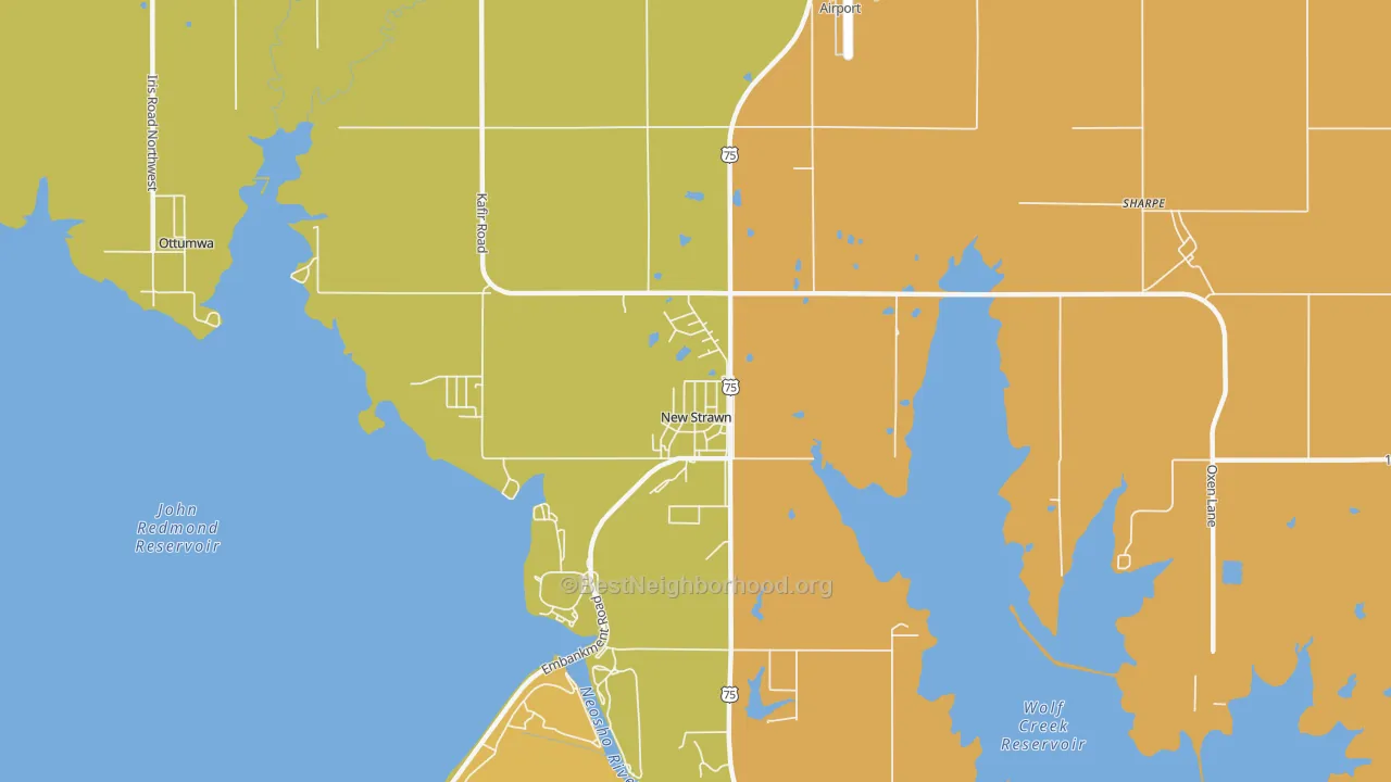 Map of the best neighborhoods in the New Strawn area, with better matches in green and worse matches in red
