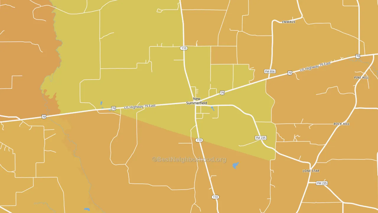 Map of the best neighborhoods in the New Summerfield area, with better matches in green and worse matches in red