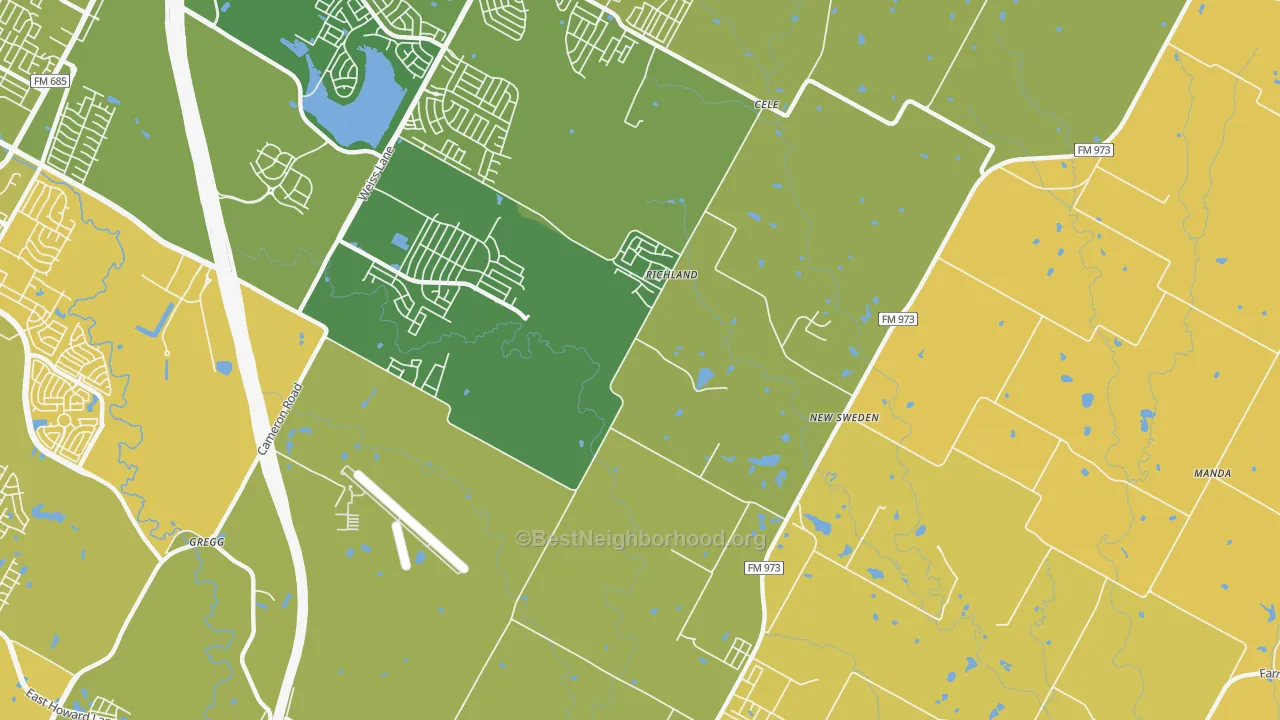 Map of the best neighborhoods in the New Sweden area, with better matches in green and worse matches in red