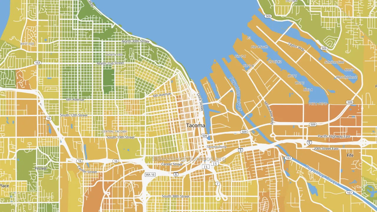 Map of the best neighborhoods in the New Tacoma, Tacoma area, with better matches in green and worse matches in red
