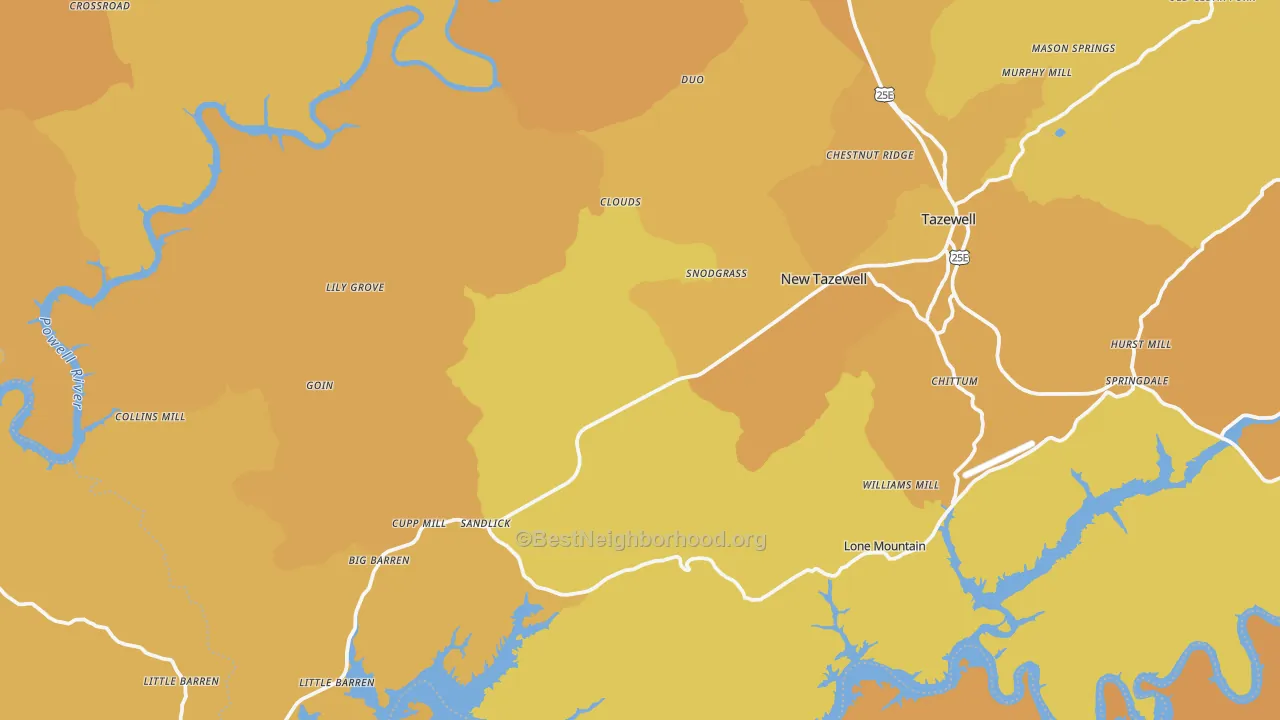 Map of the best neighborhoods in the New Tazewell area, with better matches in green and worse matches in red