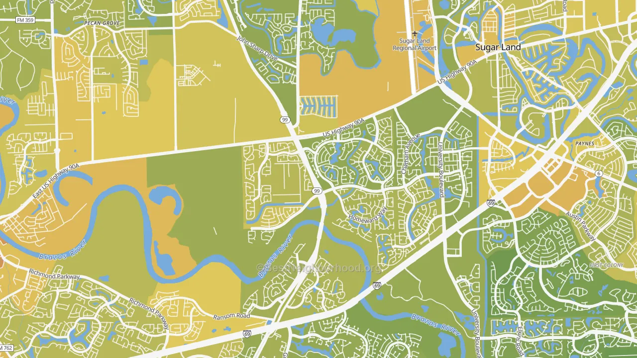 Map of the best neighborhoods in the New Territory area, with better matches in green and worse matches in red