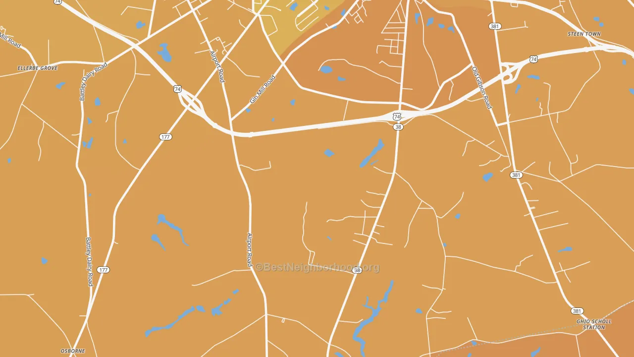 Map of the best neighborhoods in the New Town area, with better matches in green and worse matches in red