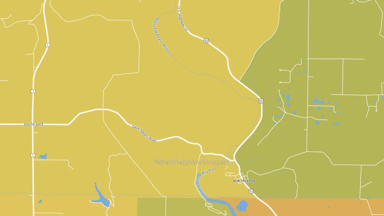 Map of the best neighborhoods in the New Trenton area, with better matches in green and worse matches in red