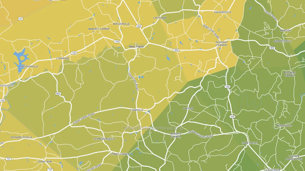 Map of the best neighborhoods in the New Tripoli area, with better matches in green and worse matches in red
