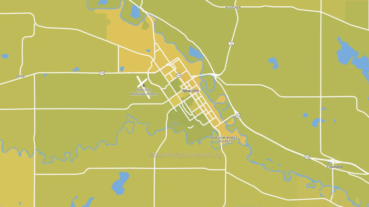 Map of the best neighborhoods in the New Ulm area, with better matches in green and worse matches in red