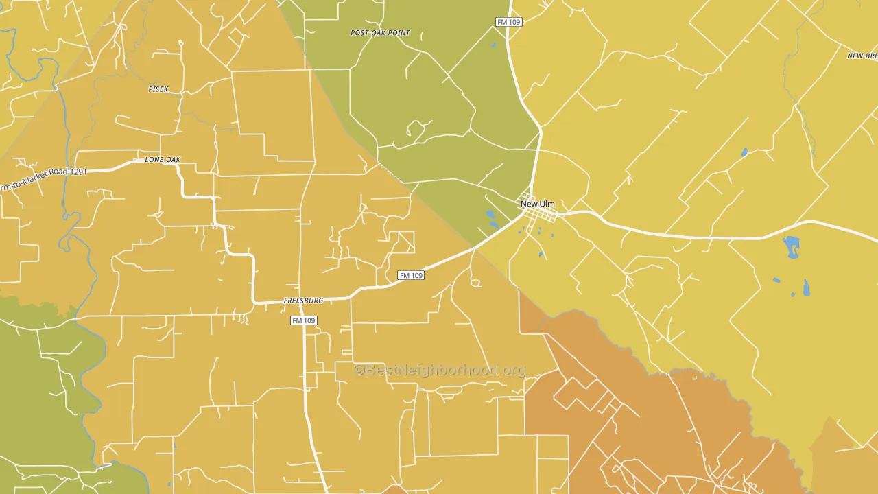 Map of the best neighborhoods in the New Ulm area, with better matches in green and worse matches in red