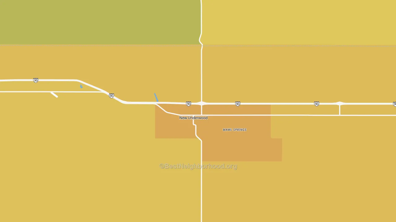 Map of the best neighborhoods in the New Underwood area, with better matches in green and worse matches in red