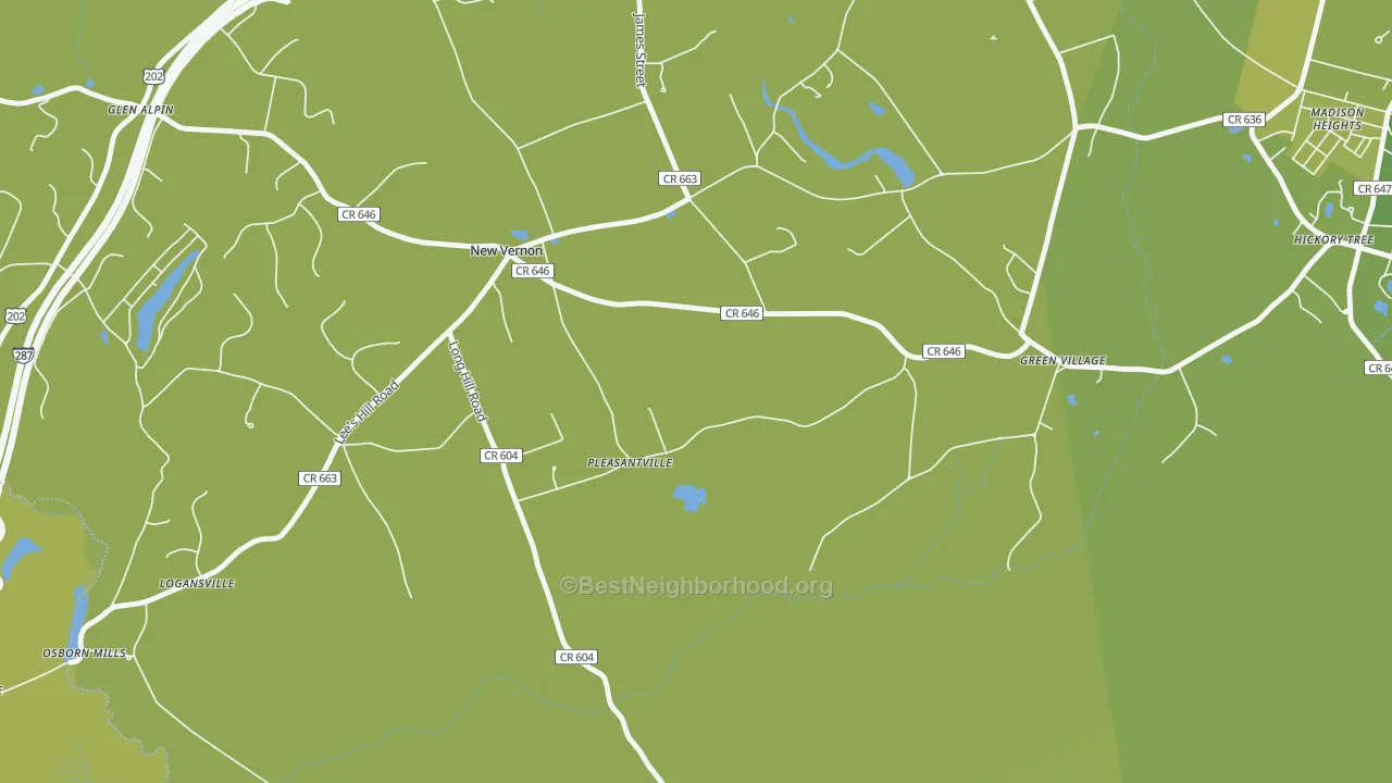 Map of the best neighborhoods in the New Vernon area, with better matches in green and worse matches in red