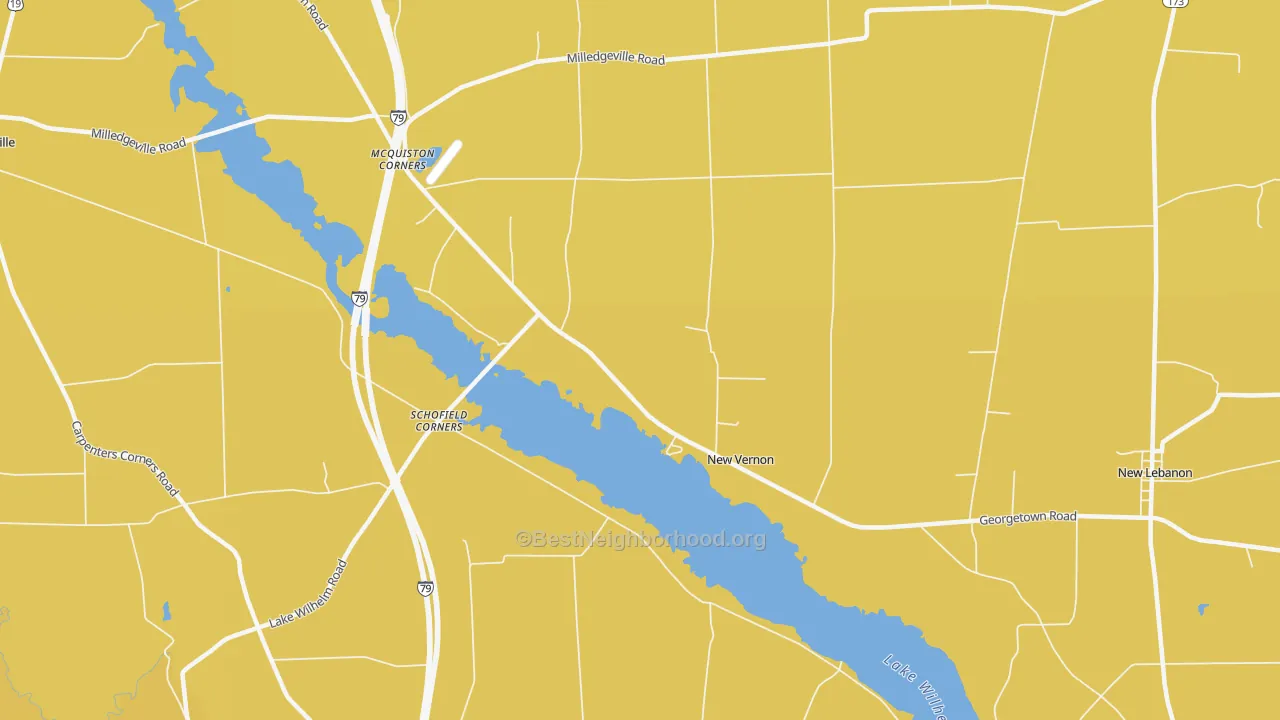 Map of the best neighborhoods in the New Vernon area, with better matches in green and worse matches in red