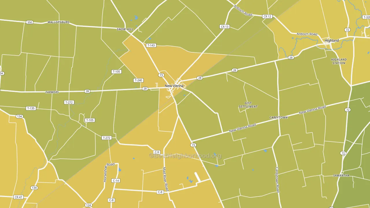 Map of the best neighborhoods in the New Vienna area, with better matches in green and worse matches in red