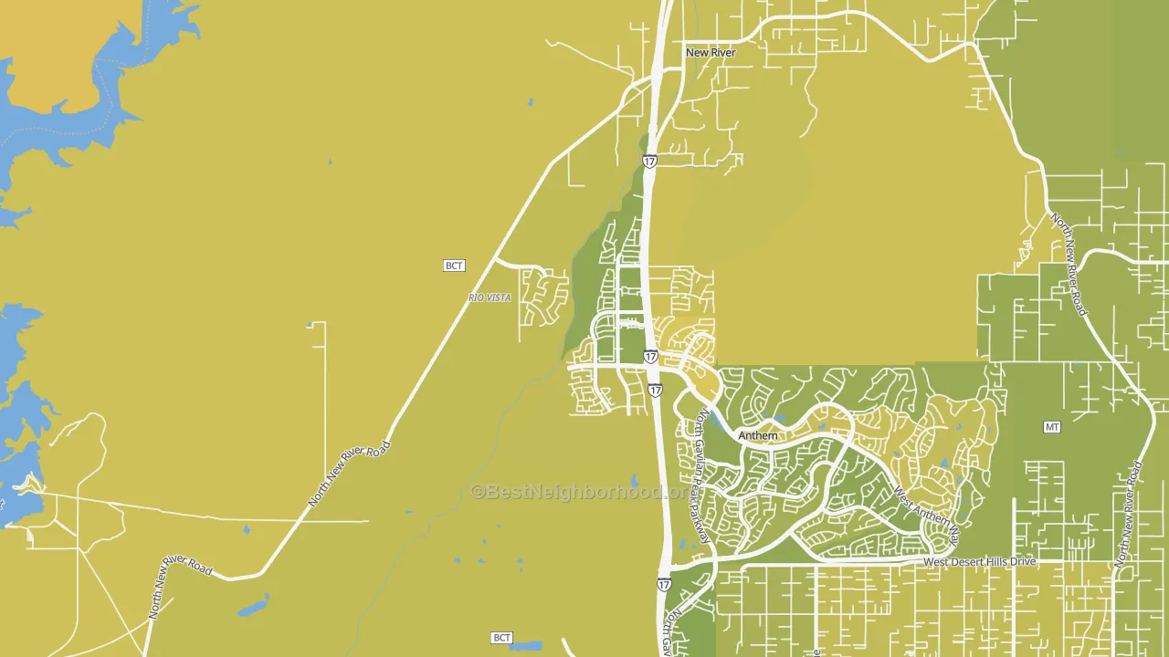 Map of the best neighborhoods in the New Village, New River area, with better matches in green and worse matches in red