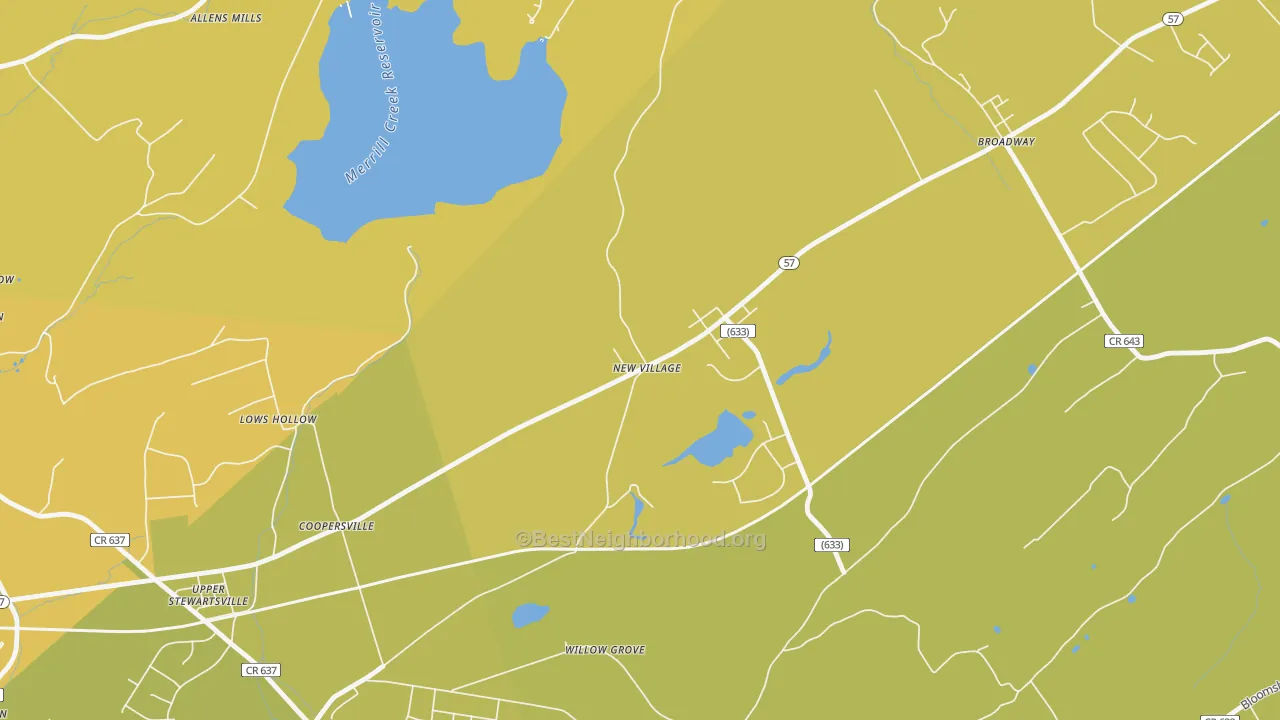 Map of the best neighborhoods in the New Village area, with better matches in green and worse matches in red