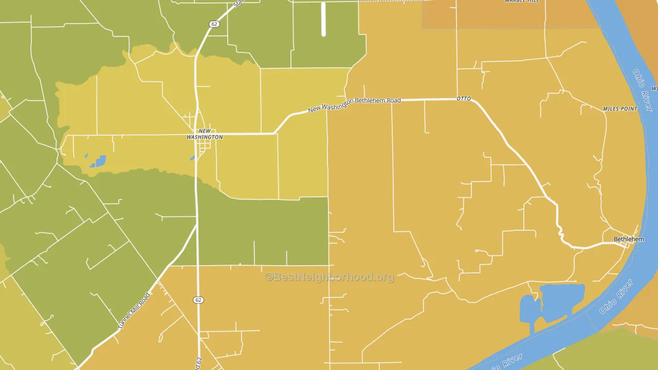 Map of the best neighborhoods in the New Washington area, with better matches in green and worse matches in red