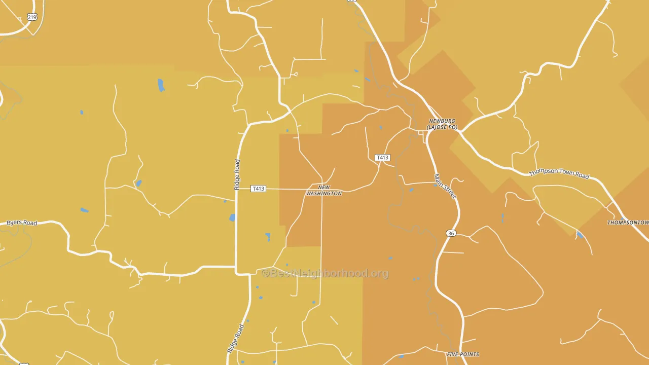 Map of the best neighborhoods in the New Washington area, with better matches in green and worse matches in red