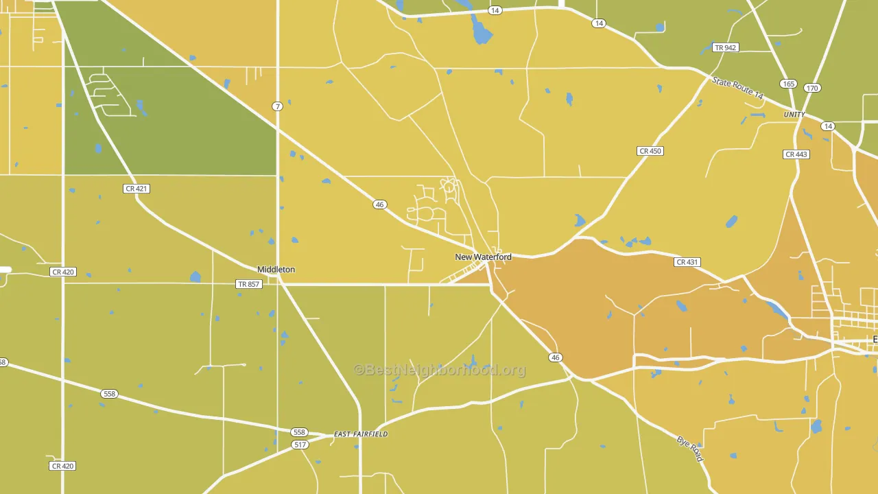 Map of the best neighborhoods in the New Waterford area, with better matches in green and worse matches in red
