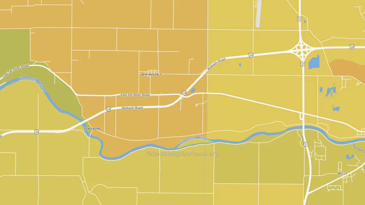 Map of the best neighborhoods in the New Waverly area, with better matches in green and worse matches in red