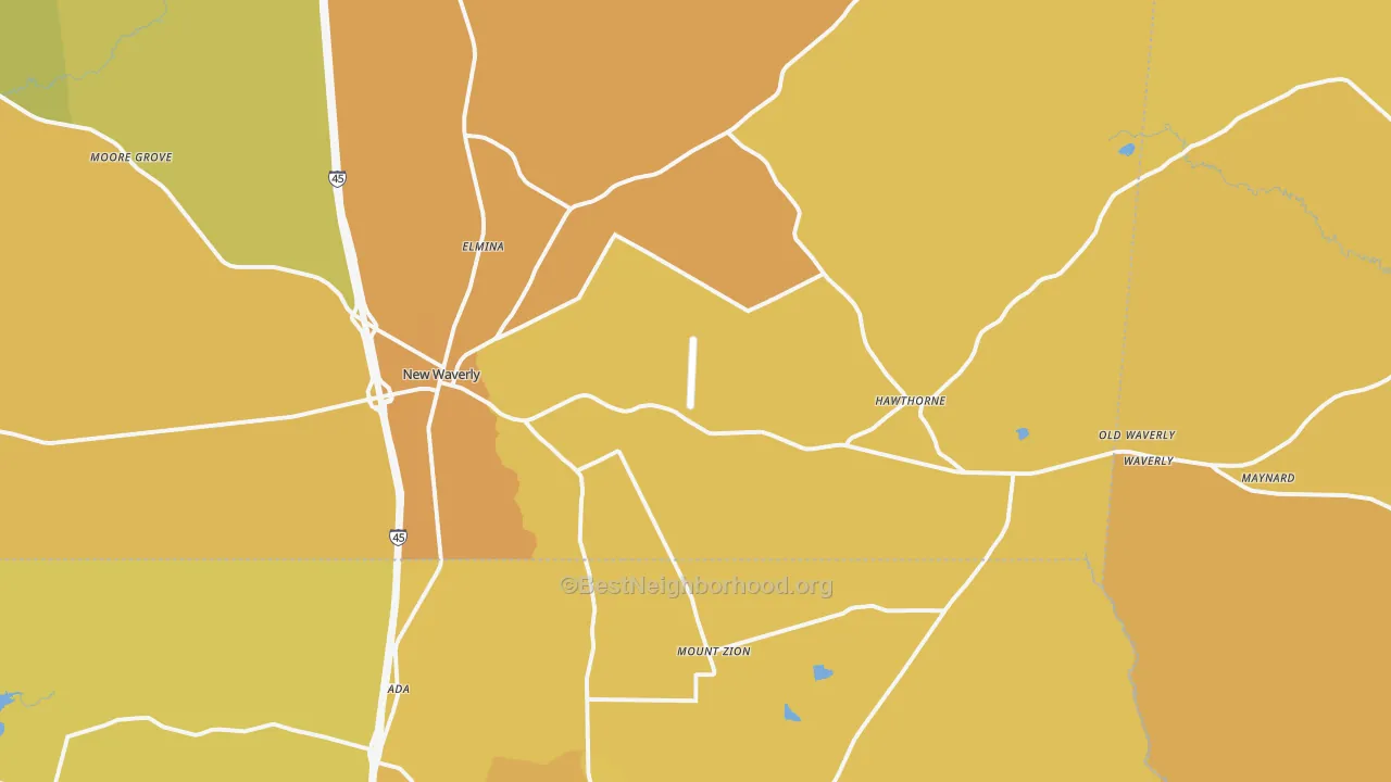 Map of the best neighborhoods in the New Waverly area, with better matches in green and worse matches in red