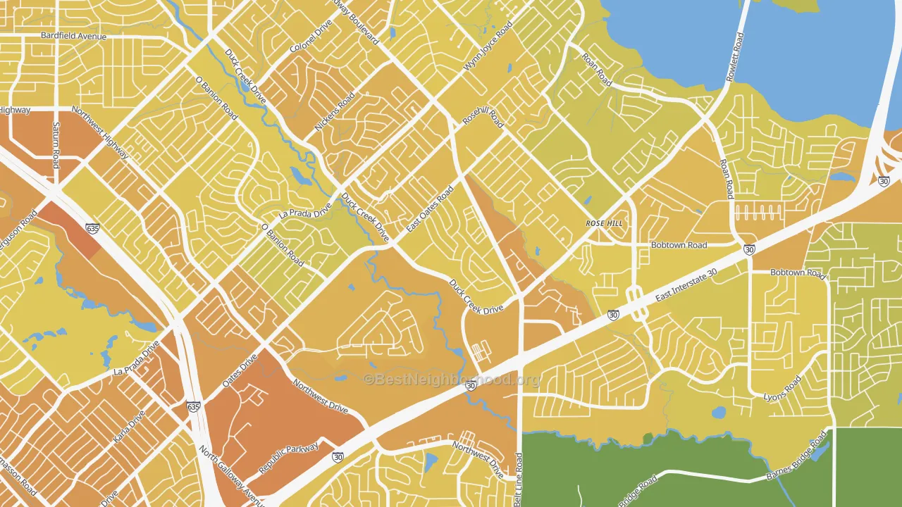 Map of the best neighborhoods in the New West, Garland area, with better matches in green and worse matches in red