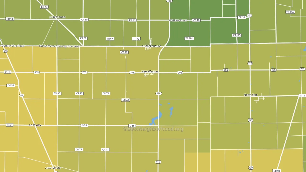 Map of the best neighborhoods in the New Weston area, with better matches in green and worse matches in red