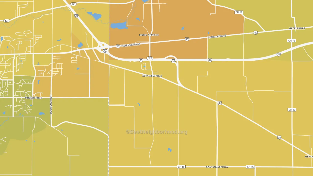 Map of the best neighborhoods in the New Westville area, with better matches in green and worse matches in red