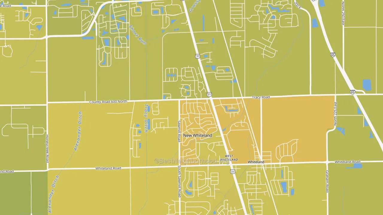 Map of the best neighborhoods in the New Whiteland area, with better matches in green and worse matches in red