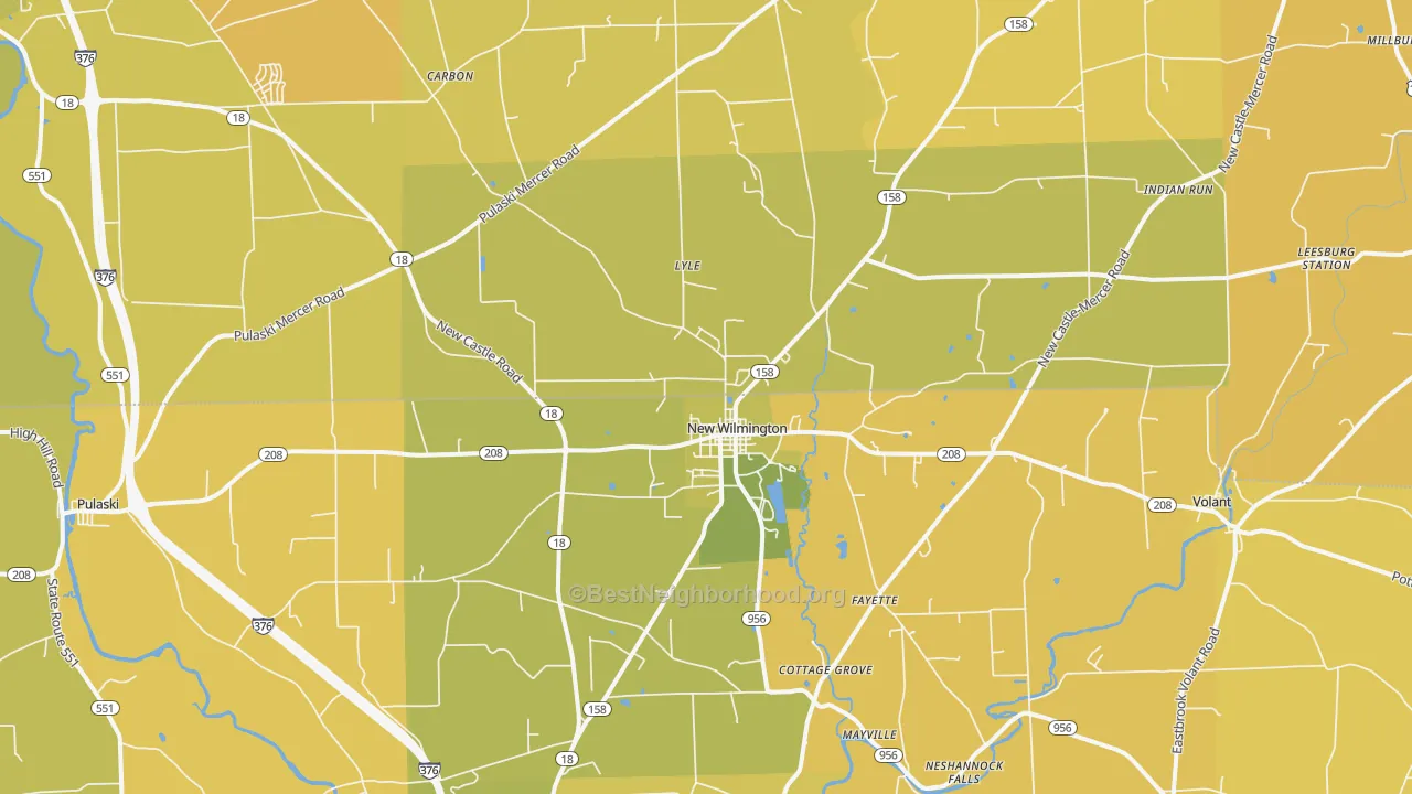 Map of the best neighborhoods in the New Wilmington area, with better matches in green and worse matches in red