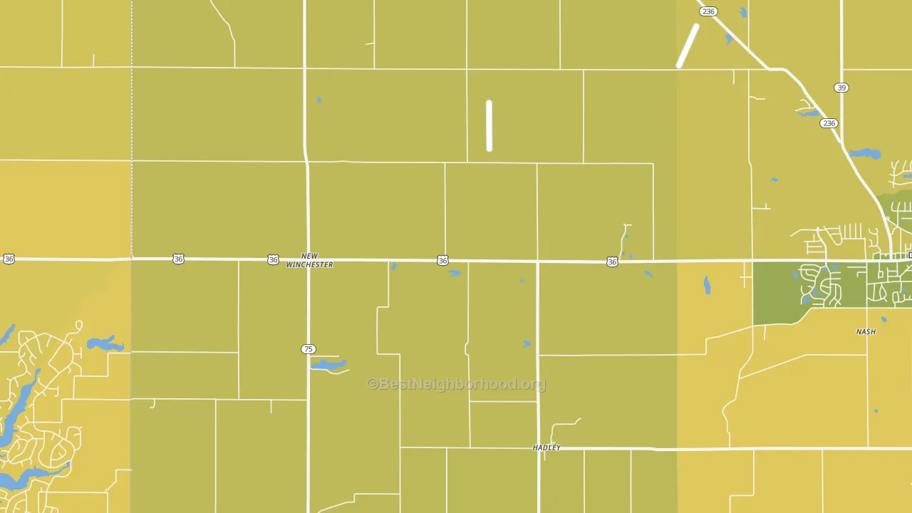 Map of the best neighborhoods in the New Winchester area, with better matches in green and worse matches in red