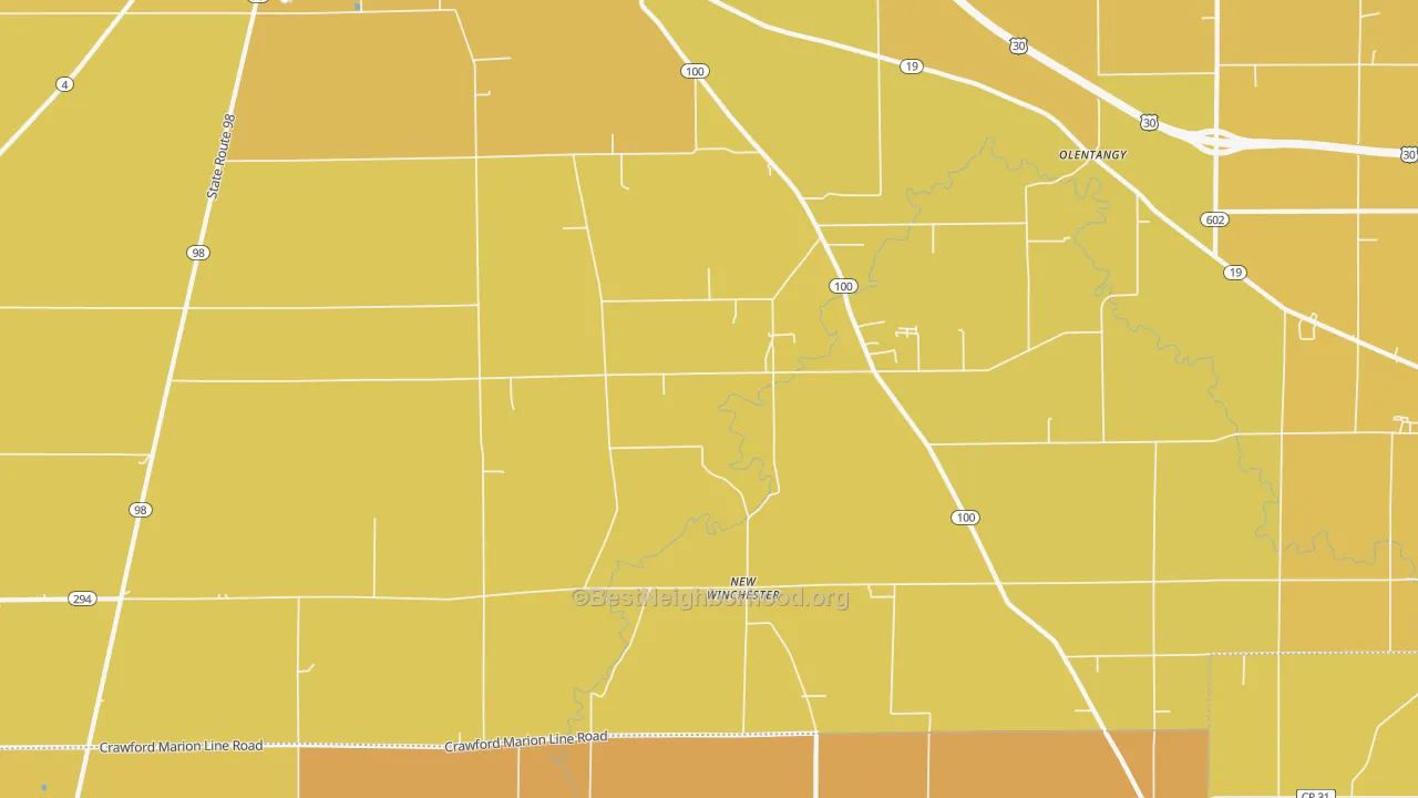 Map of the best neighborhoods in the New Winchester area, with better matches in green and worse matches in red