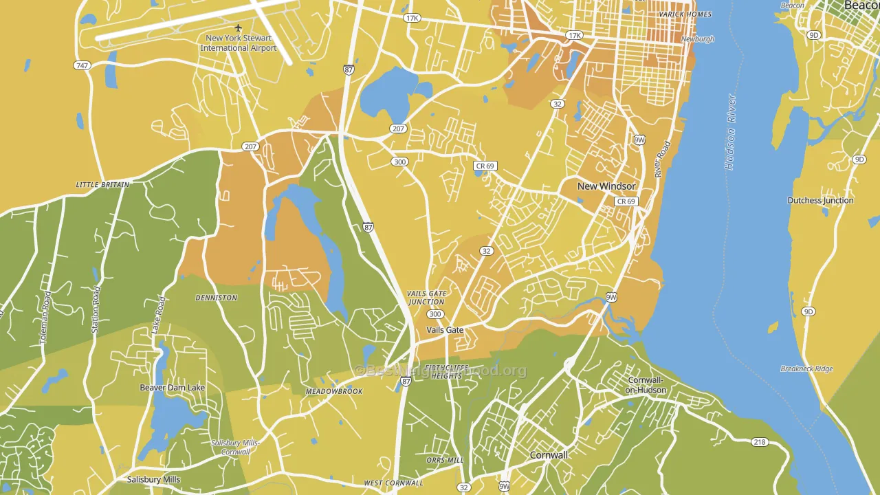 Map of the best neighborhoods in the New Windsor area, with better matches in green and worse matches in red
