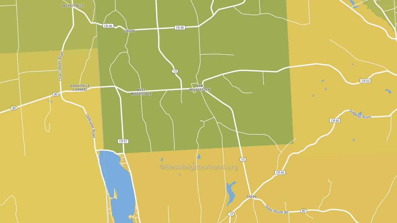 Map of the best neighborhoods in the New Woodstock area, with better matches in green and worse matches in red