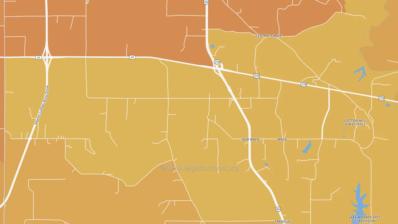 Map of the best neighborhoods in the New Wren area, with better matches in green and worse matches in red